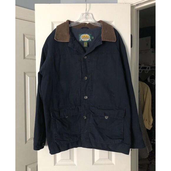 Cabela’s Barn Coat Jacket Men’s L Navy Canvas Chore Corduroy Collar Vintage - Picture 1 of 7